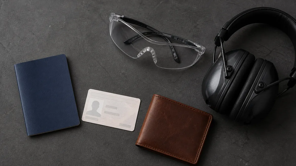 Government-issued photo identification beside eye and hearing protection for a Michigan shooting range visit