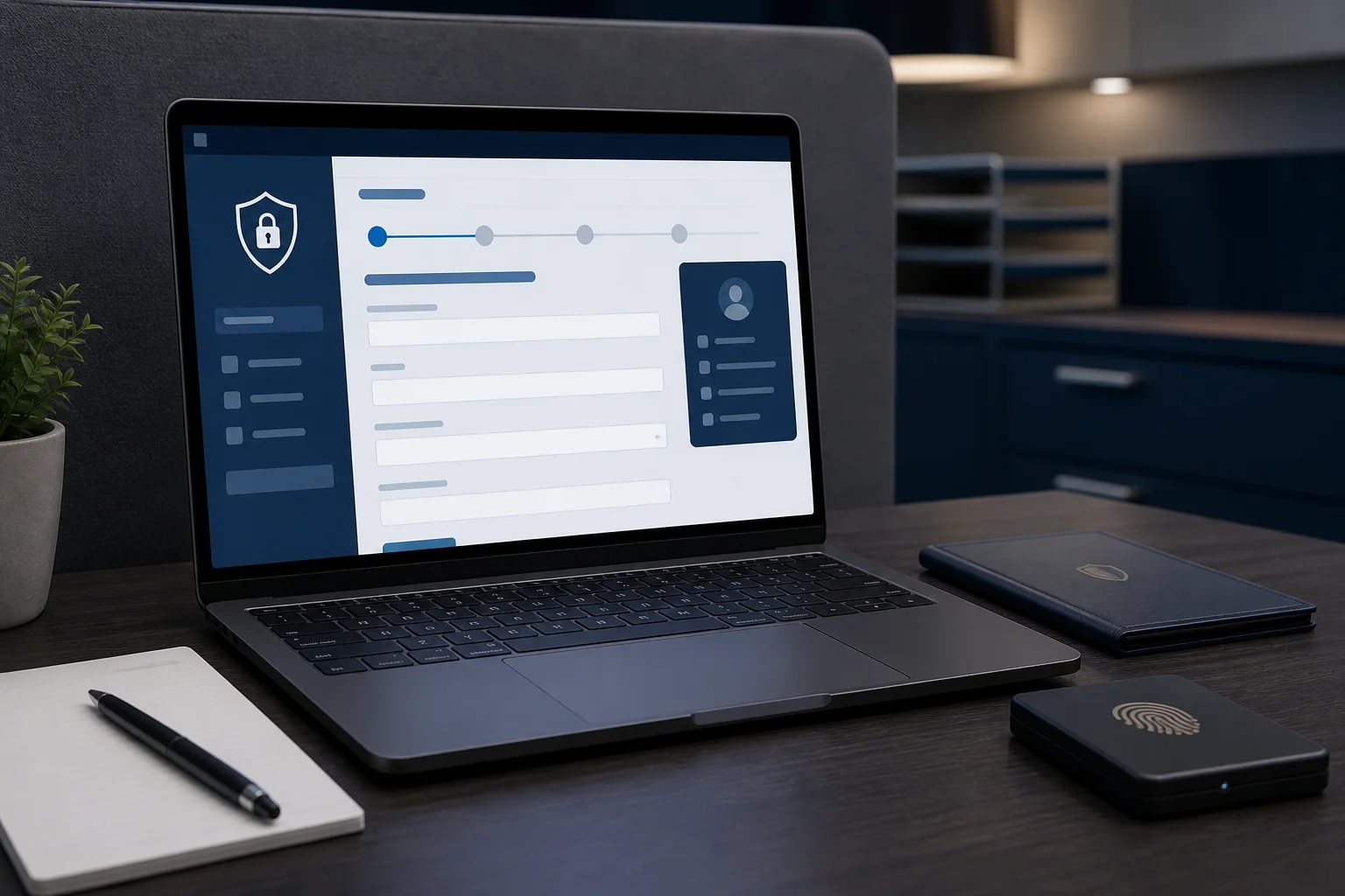 Laptop displaying a generic secure portal with blank fields beside notes, document sleeve, and fingerprint-file case