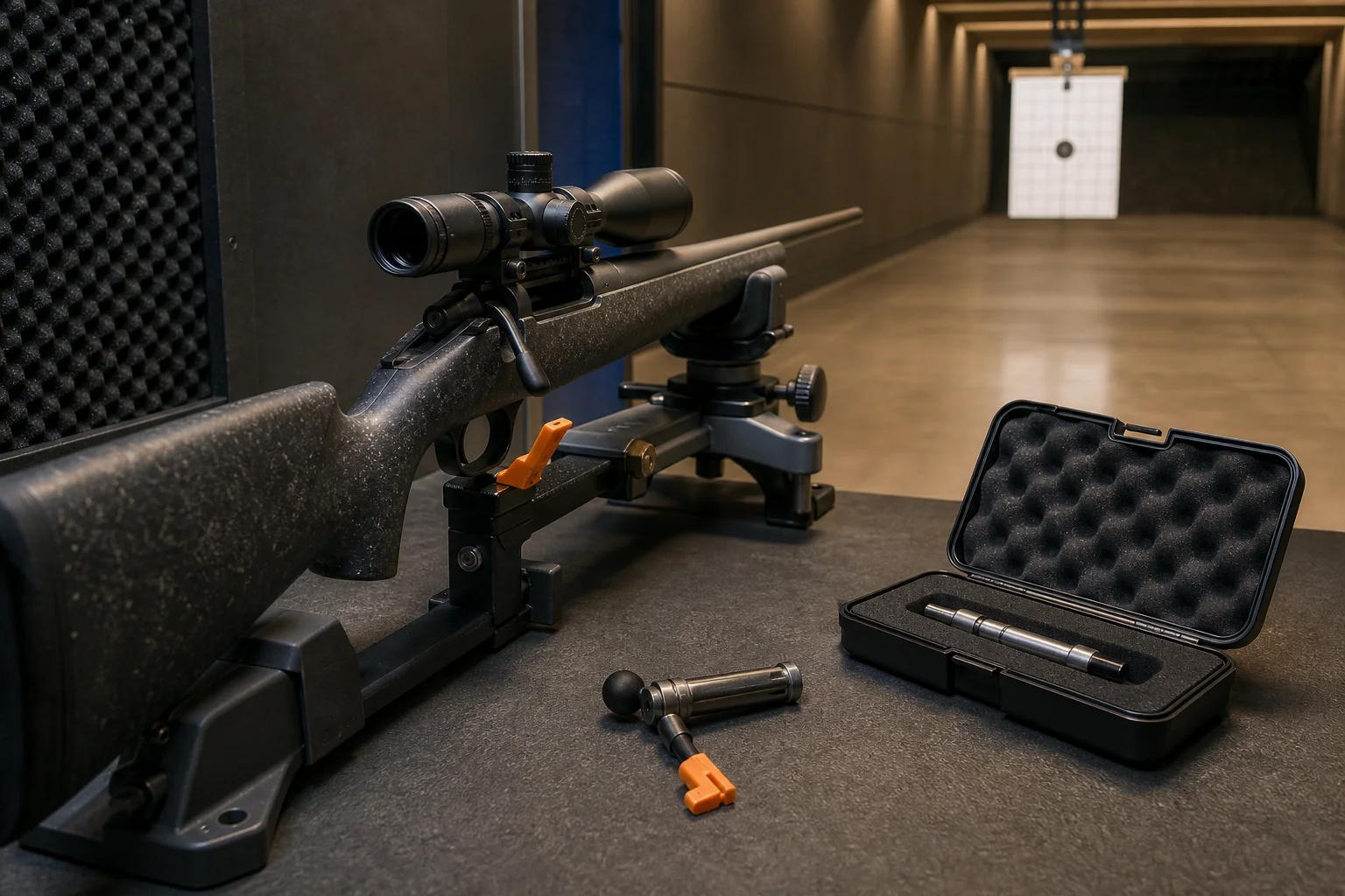 Unloaded scoped bolt-action rifle secured in a rest with bore-alignment equipment and a target downrange