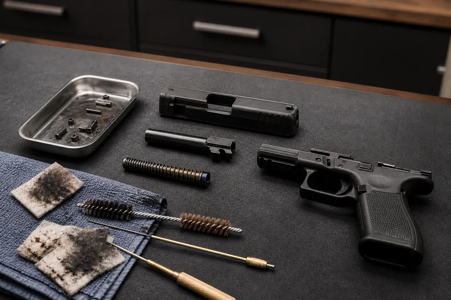 Unloaded handgun components with stained patches and detailed cleaning tools on a professional workbench