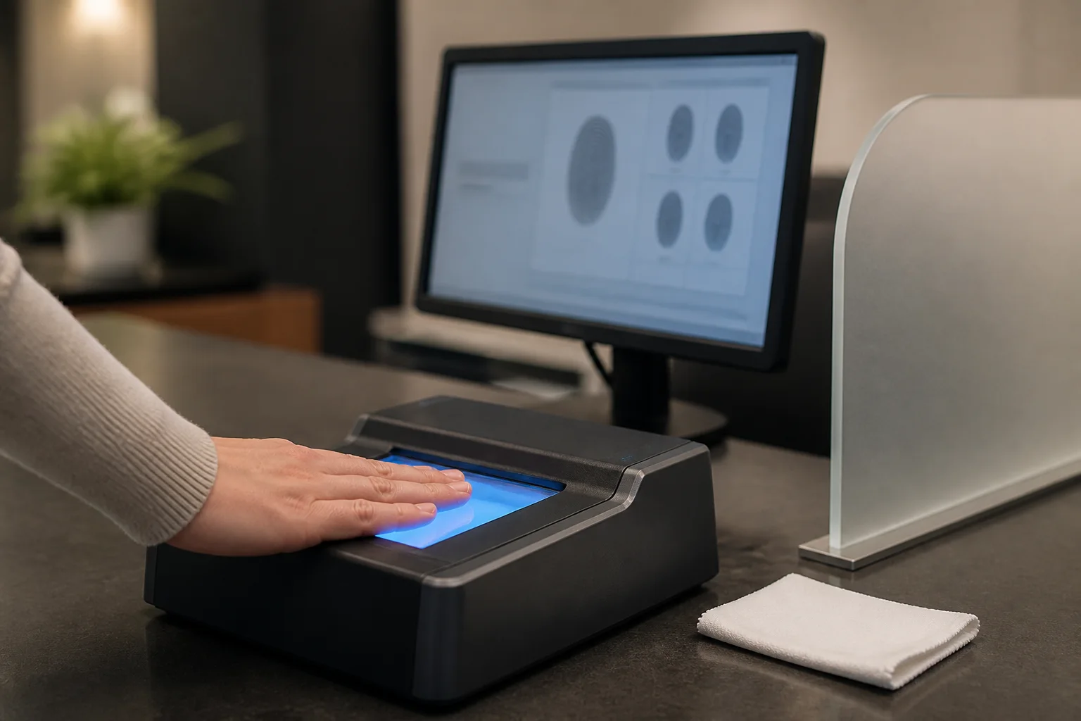 Customer fingertips resting on a blue-lit electronic fingerprint scanner beside a privacy divider and blank preview monitor