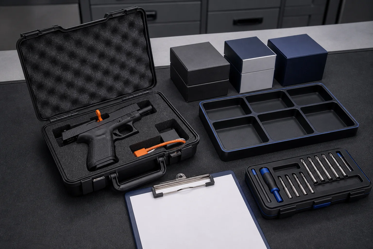 Cased unloaded handgun with sealed parts boxes, empty sorting tray, tools, and intake clipboard
