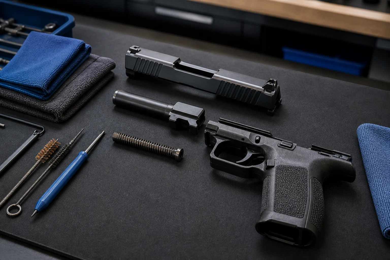 Unloaded handgun field-stripped for routine cleaning on an organized professional workbench