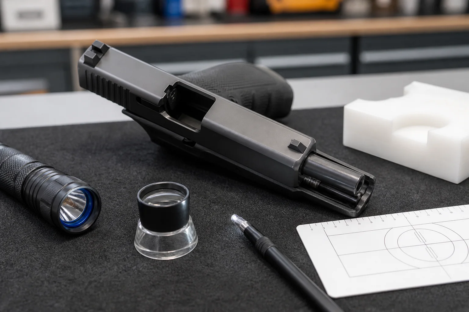 Unloaded handgun with open action, inspection light, loupe, and condition-review card on a clean workbench