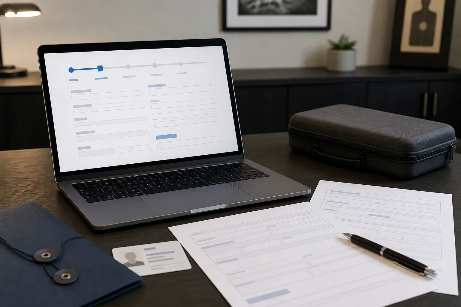 Laptop with a generic multi-step application, blank form pages, pen, identity placeholder, document folder, and closed case