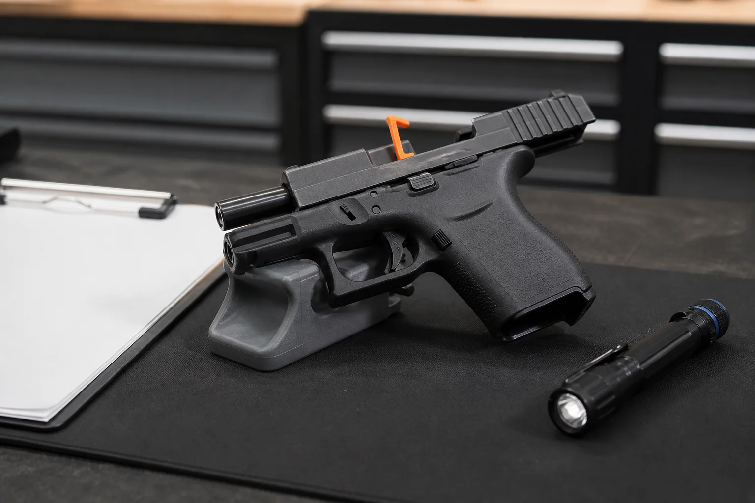 Unloaded handgun with chamber flag and inspection tools prepared for a controlled function review