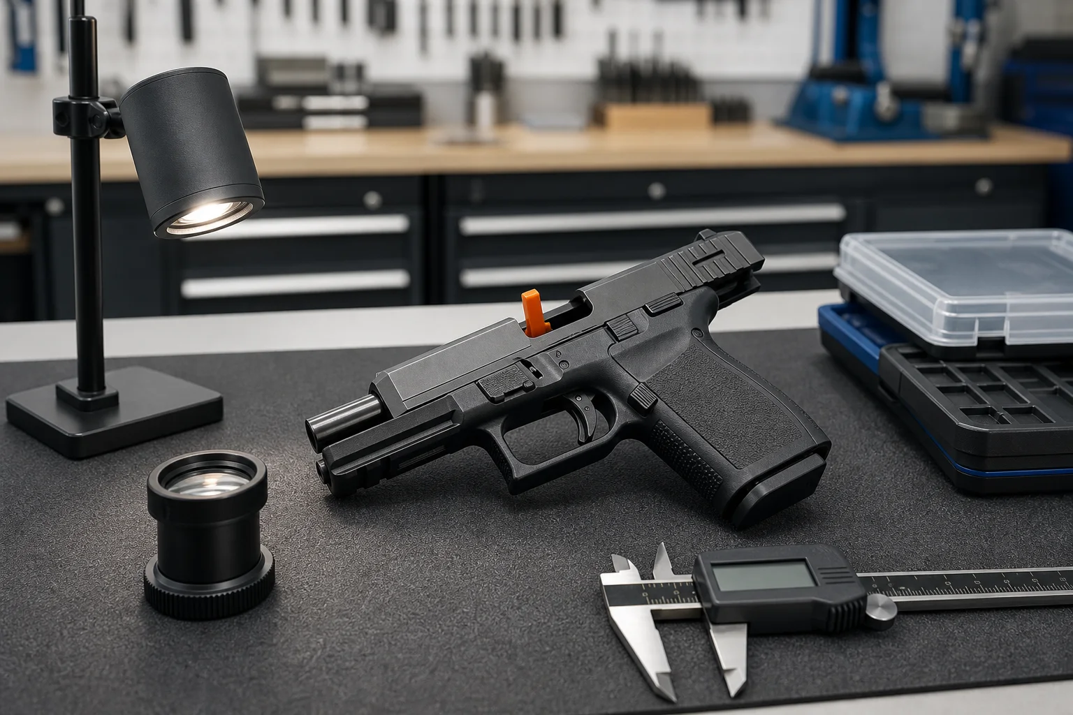 Unloaded handgun with open action, inspection lamp, loupe, caliper, and closed parts trays on a diagnostic bench