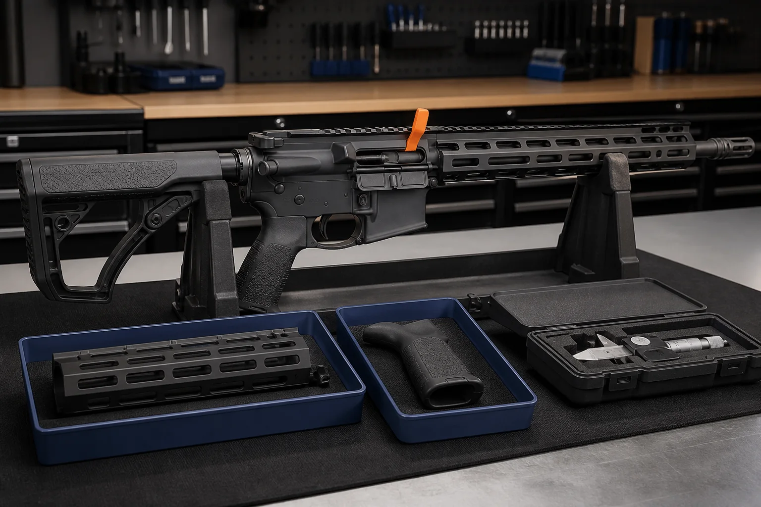 Unloaded sporting rifle with separate handguard and grip samples arranged for compatibility review