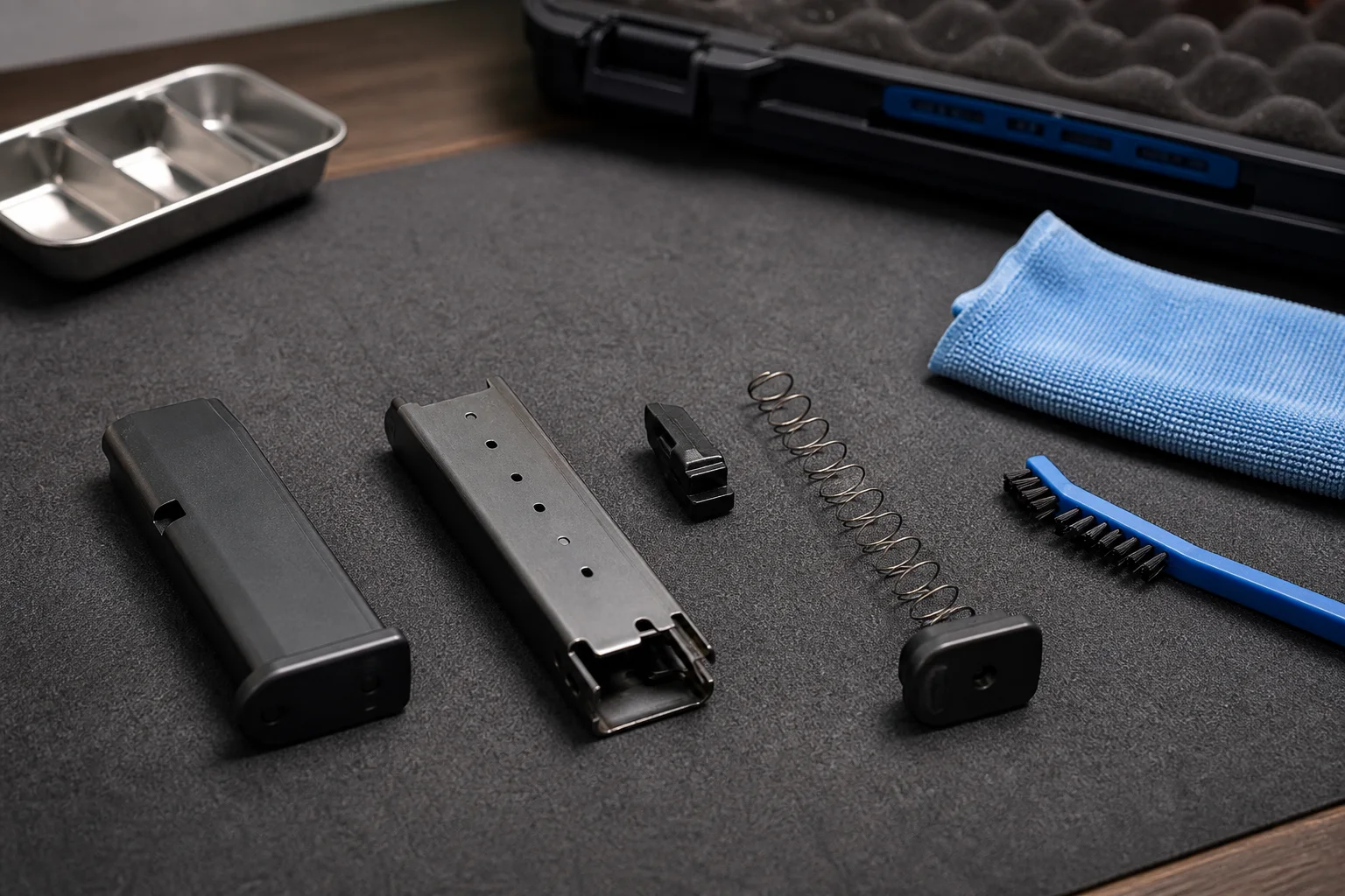Two unloaded pistol magazines with follower, spring, baseplate, brush, and cloth arranged for maintenance
