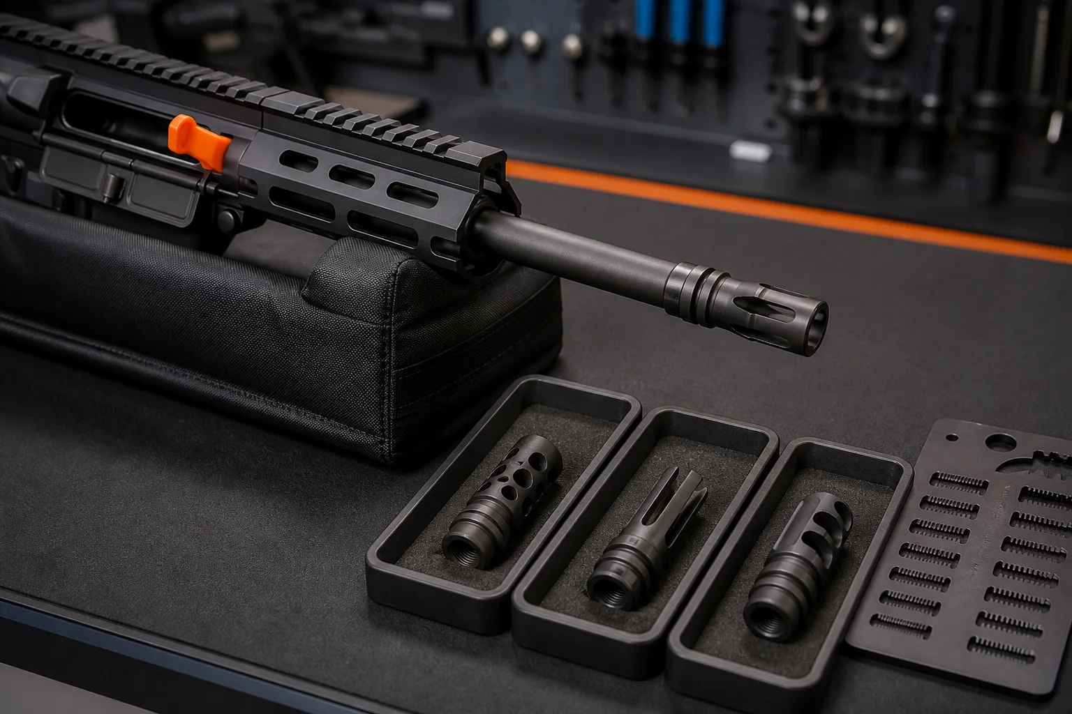 Unloaded rifle upper with muzzle interface and three separate device samples on a professional bench
