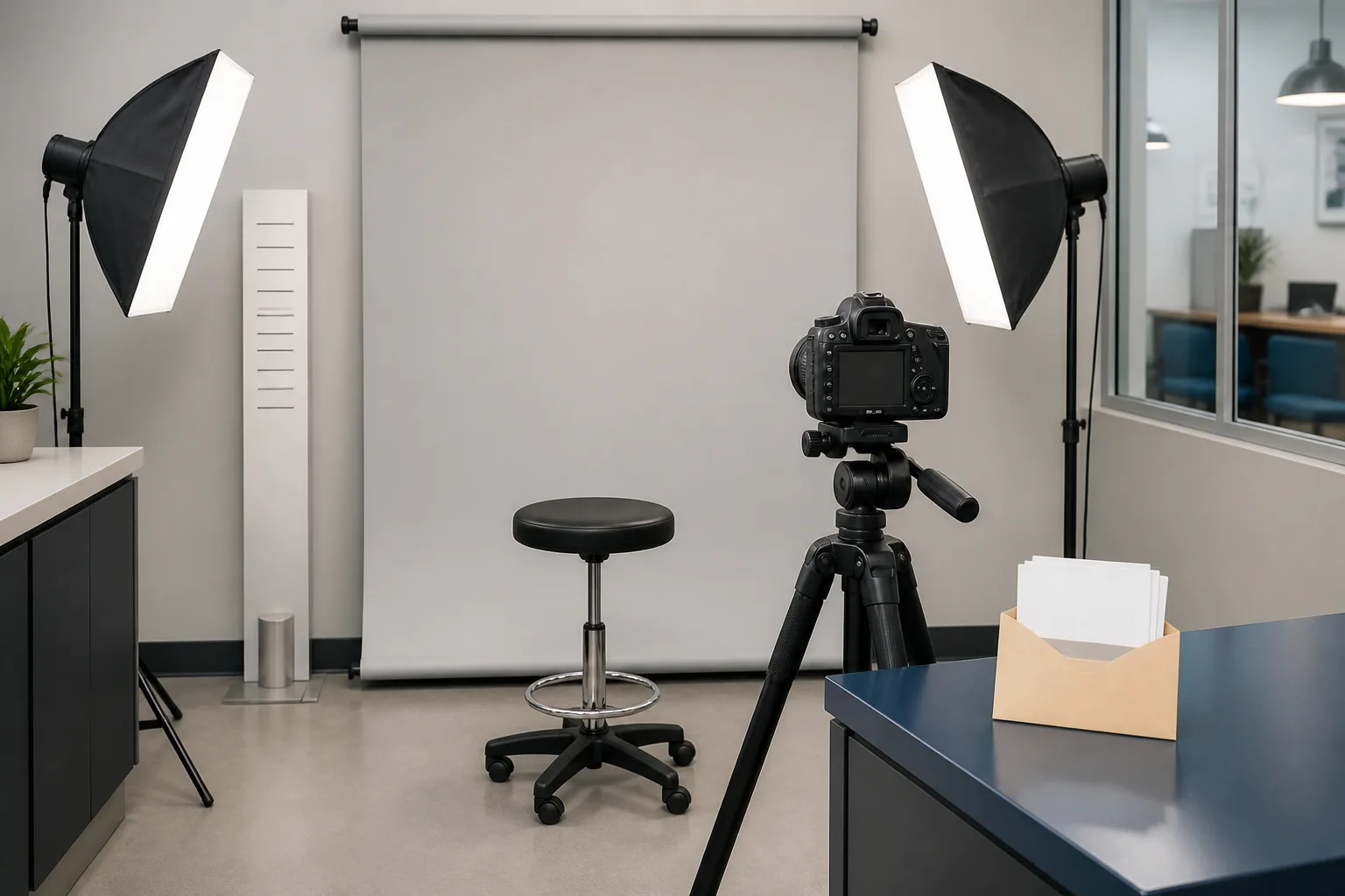 Empty stool, neutral backdrop, tripod camera, softbox lights, height guide, and envelope of blank square photo cards