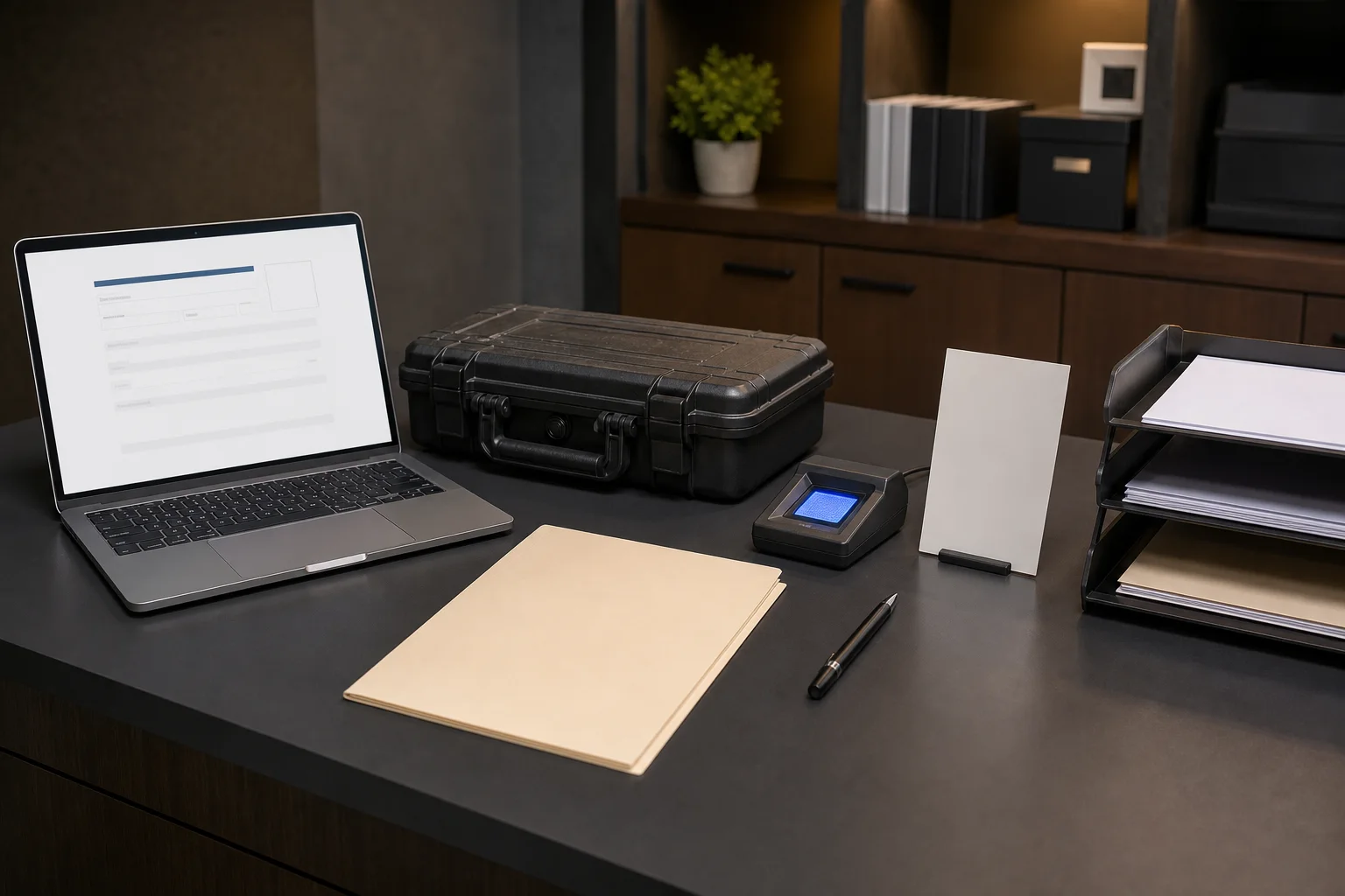Laptop, secure case, blank application folder, fingerprint scanner, photo card, pen, and document tray arranged for NFA service