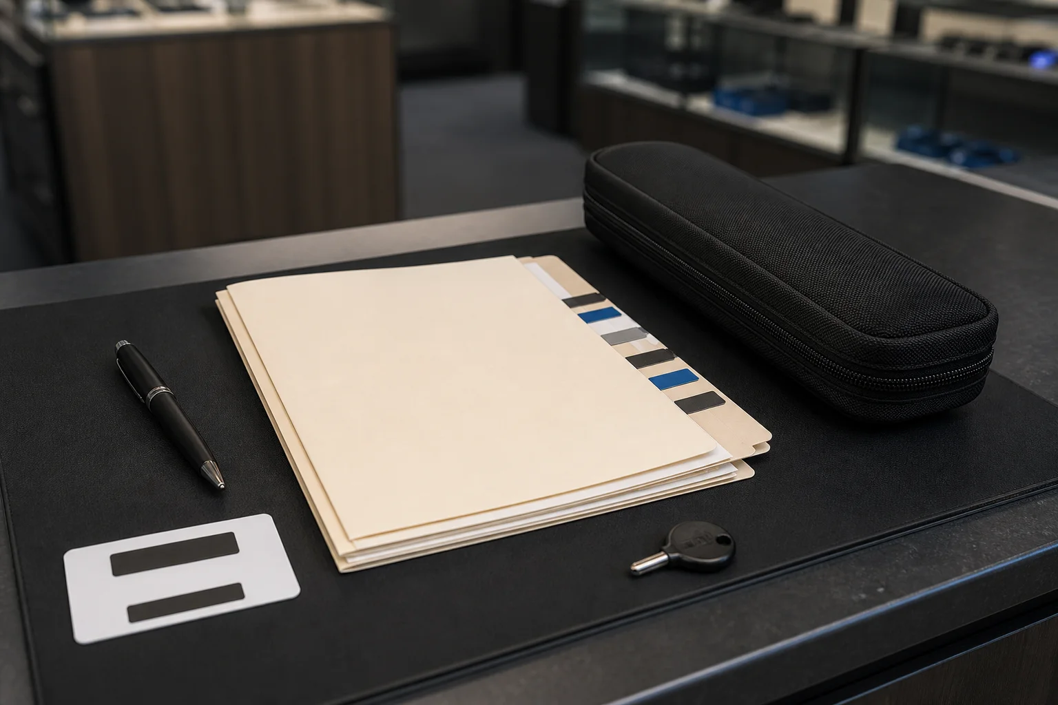 Blank transfer folder, closed secure case, identity placeholder, document tabs, pen, and lockbox key on a private service counter