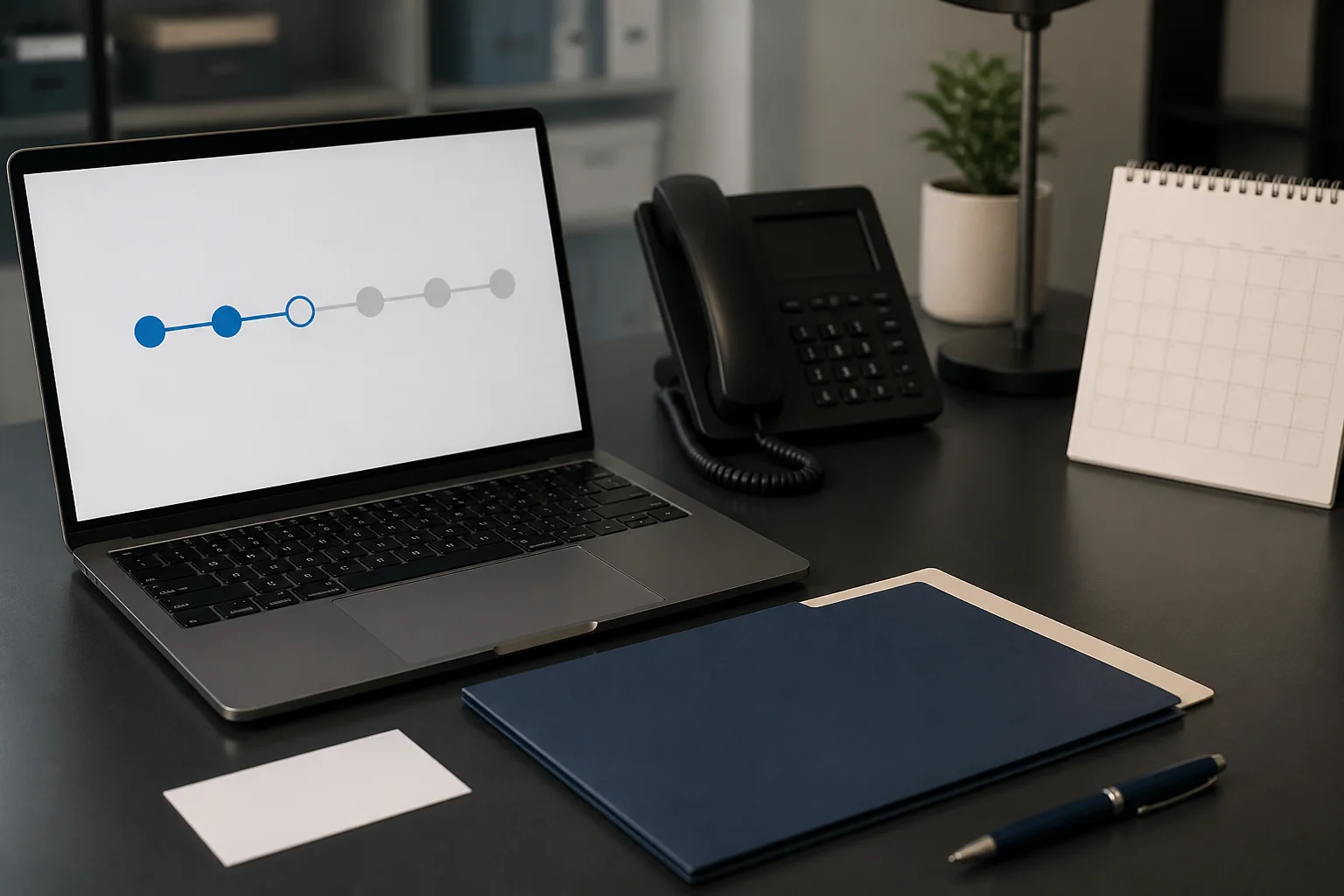 Laptop with a generic progress tracker beside a desk phone, blank calendar, closed folder, reference card, and pen