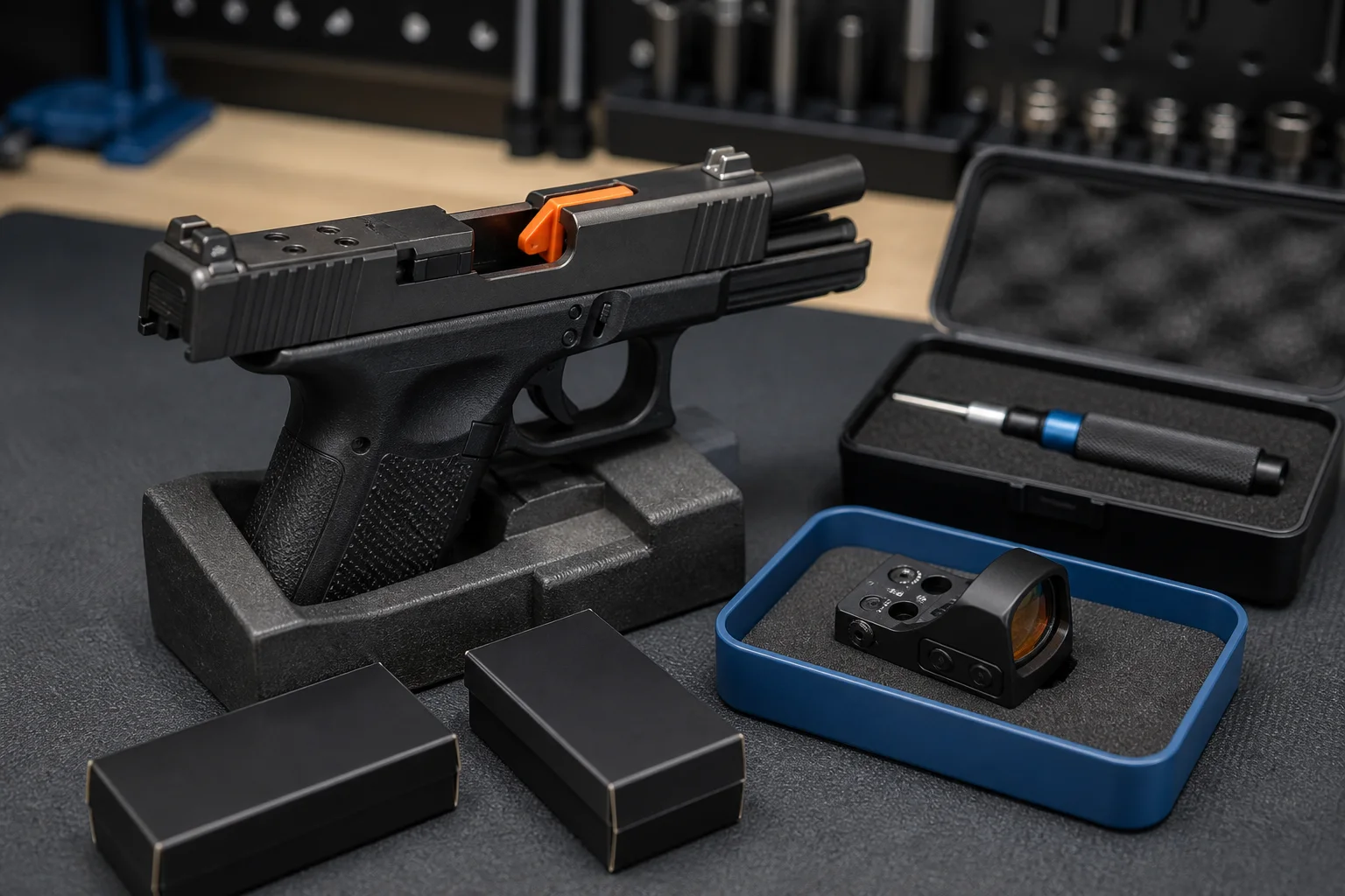 Unloaded handgun with open action beside a detached red-dot optic and mounting accessories