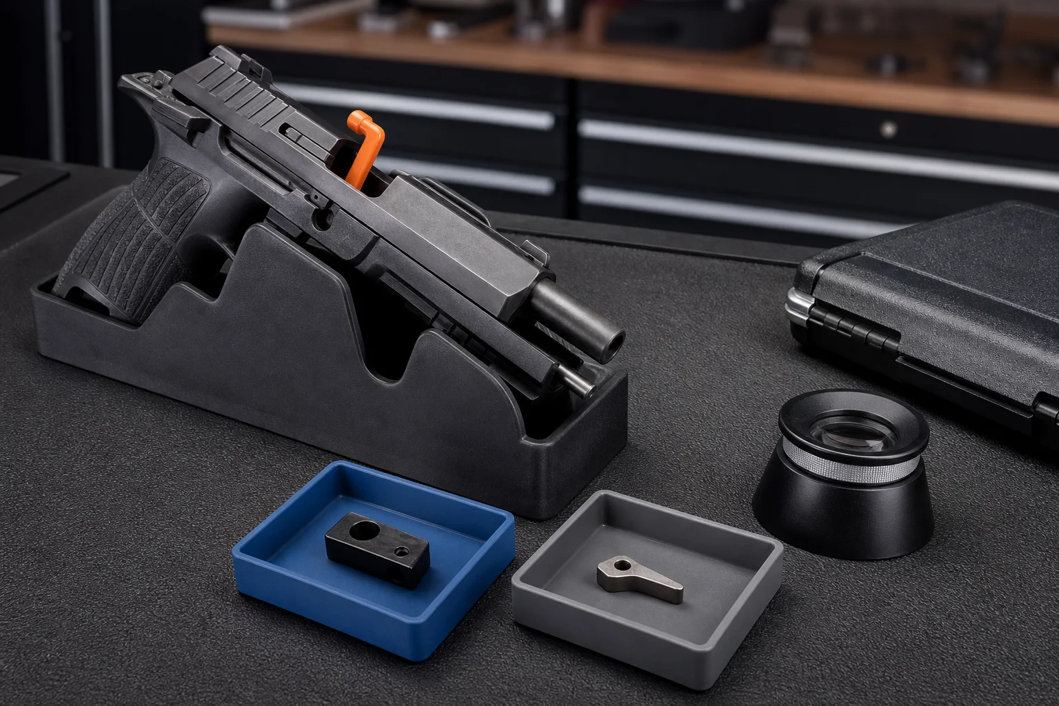 Unloaded handgun beside two separately contained wear components and a magnifying loupe