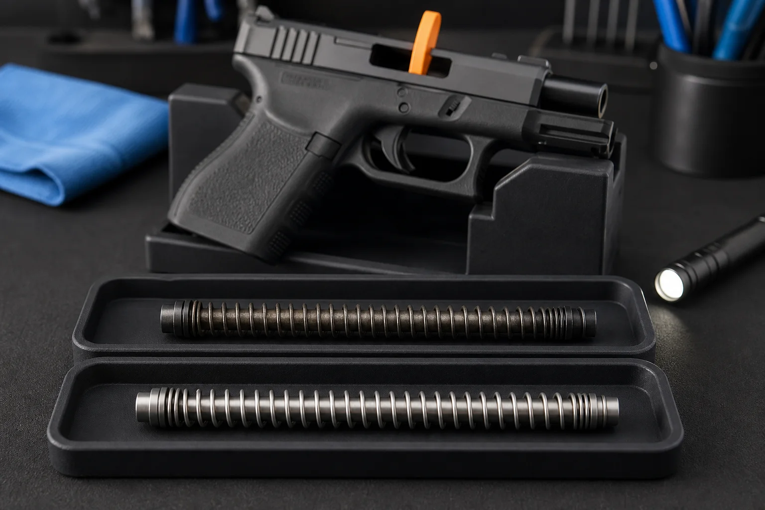 Used and new recoil-spring assemblies displayed in separate trays beside an unloaded handgun