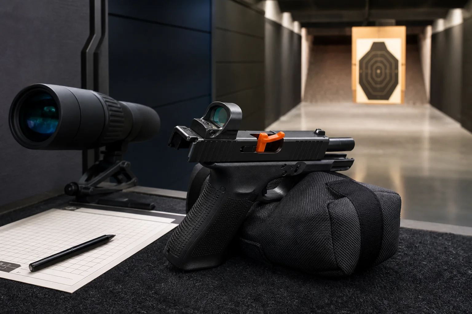 Unloaded red-dot-equipped handgun secured on a range bench with target and spotting optic downrange