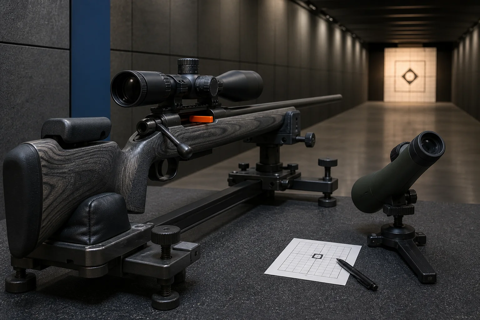 Unloaded scoped bolt-action rifle secured in a bench rest with spotting optic and illuminated target downrange