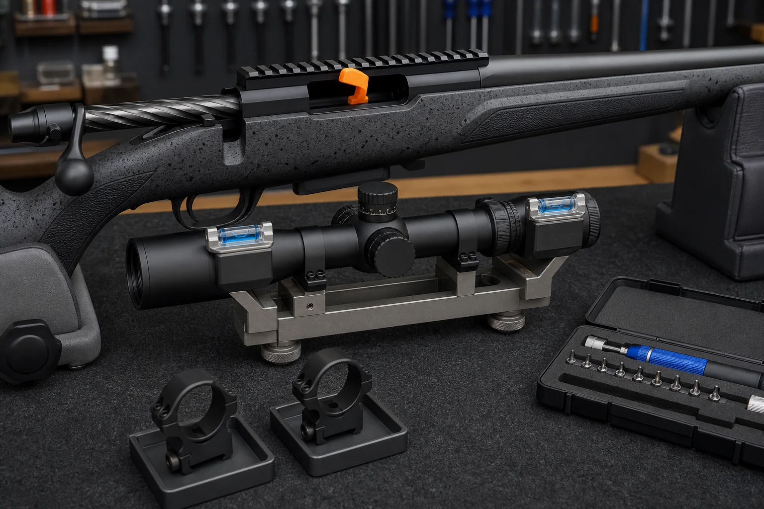Unloaded bolt-action rifle beside a scope held in a leveling fixture with separate rings and precision tools