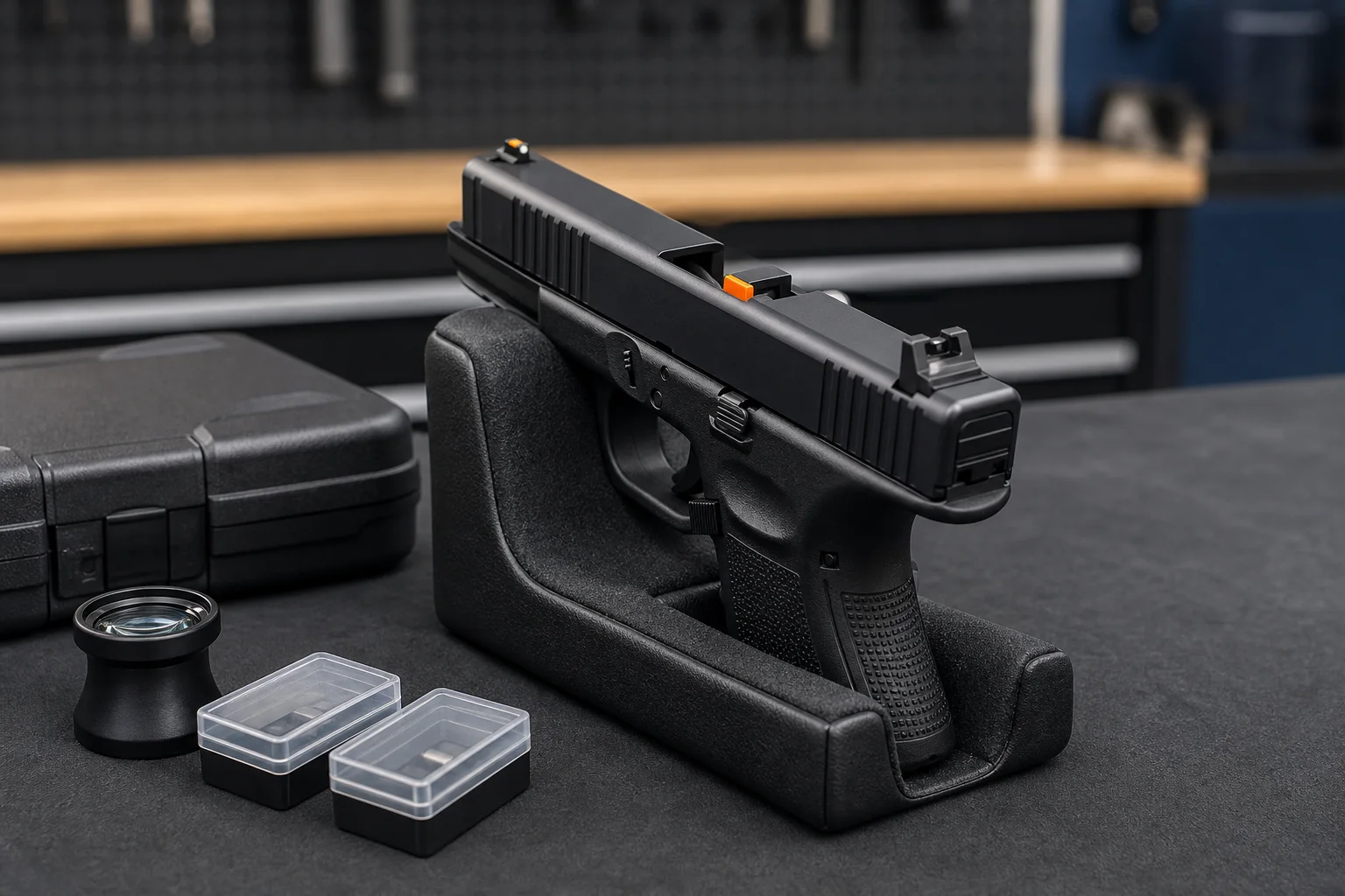 Unloaded handgun in a padded cradle with front and rear sights visible beside inspection accessories