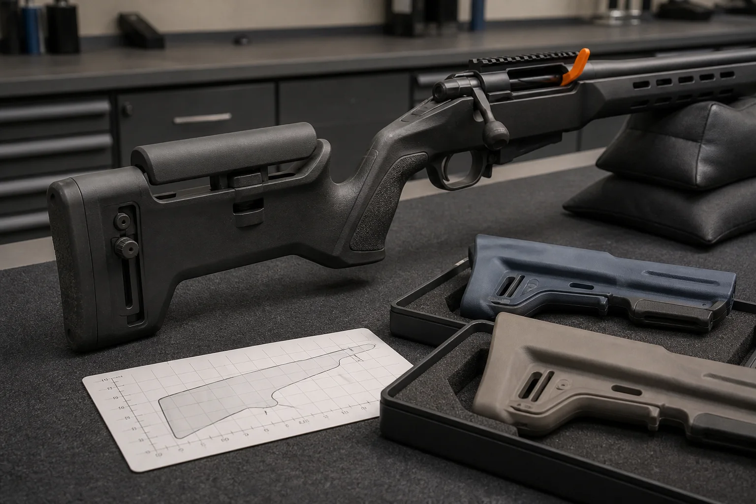 Unloaded bolt-action sporting rifle with two separate stock samples arranged for fit evaluation
