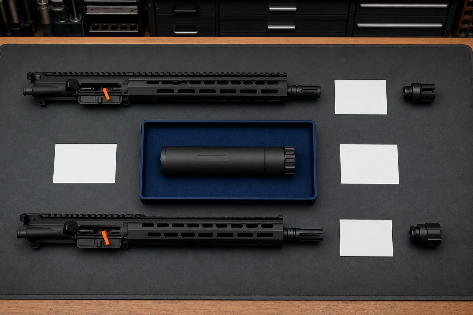Detached suppressor centered between two unloaded rifle uppers, separate mounts, and blank specification cards