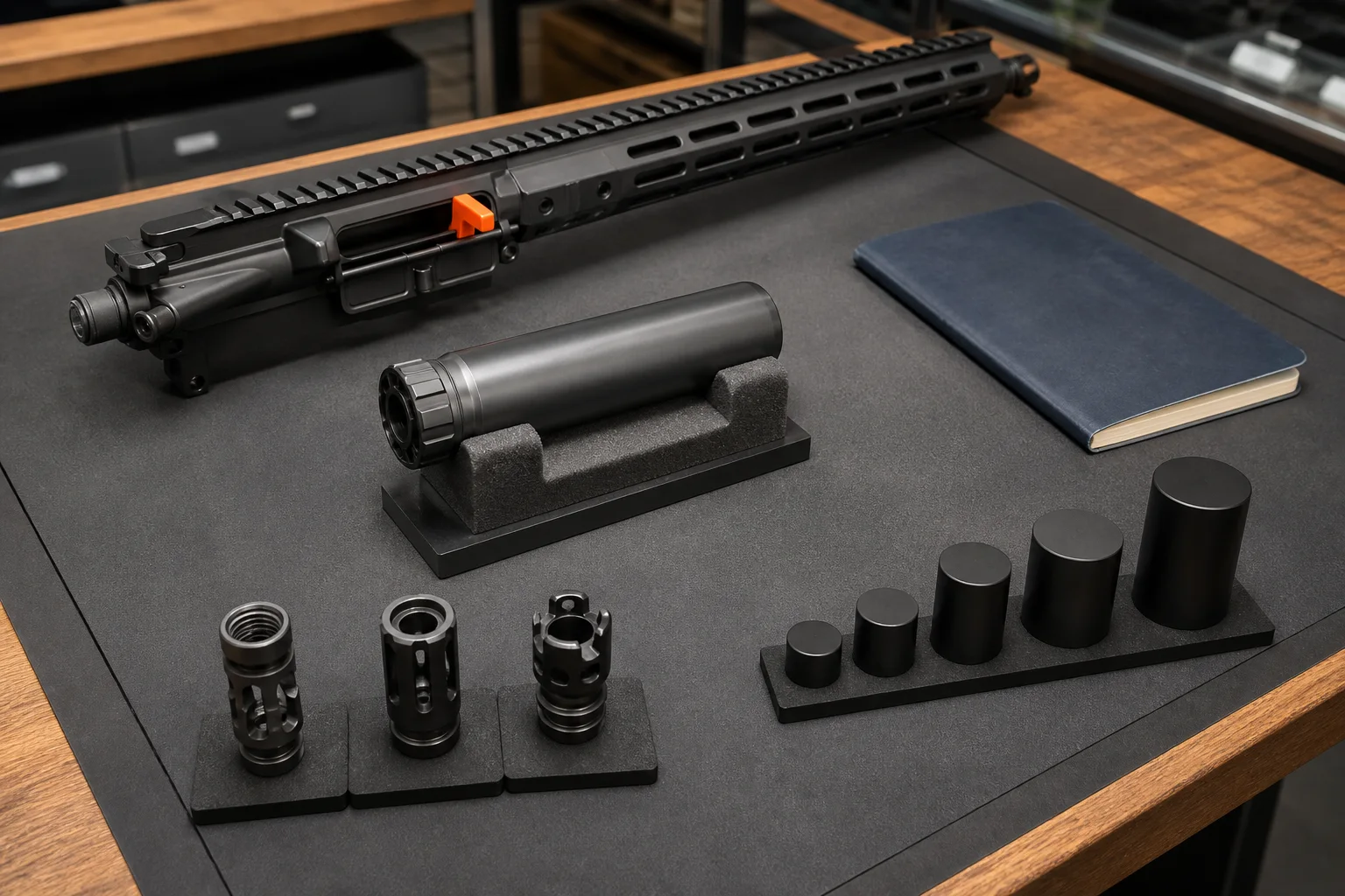 Detached suppressor, unloaded rifle upper, example mounts, notebook, and comparison blocks arranged as an education display