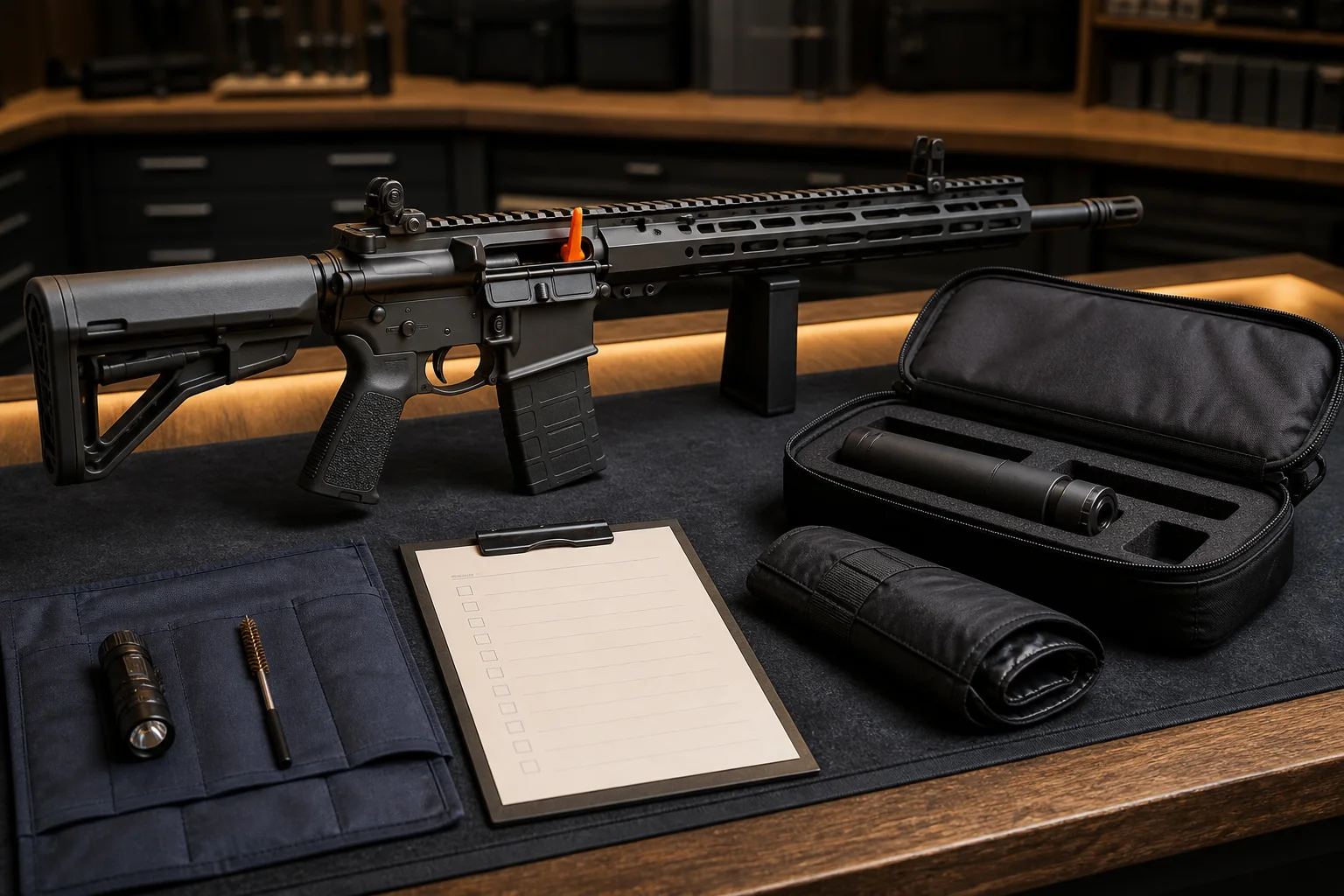 Unloaded sporting rifle with detached suppressor case, heat cover, cleaning pouch, and customer checklist