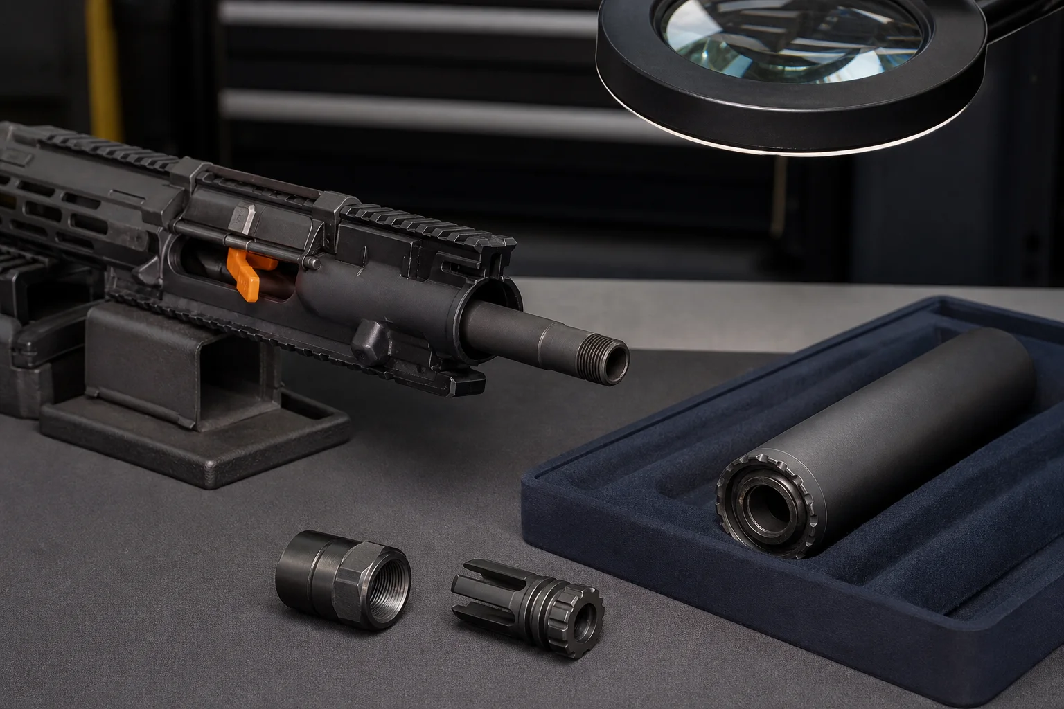 Detached suppressor and separate mounting interfaces beside an unloaded rifle upper under an inspection lamp