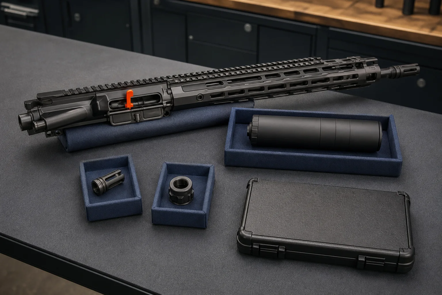 Unloaded rifle upper with detached suppressor, muzzle interface, adapter, and inspection case