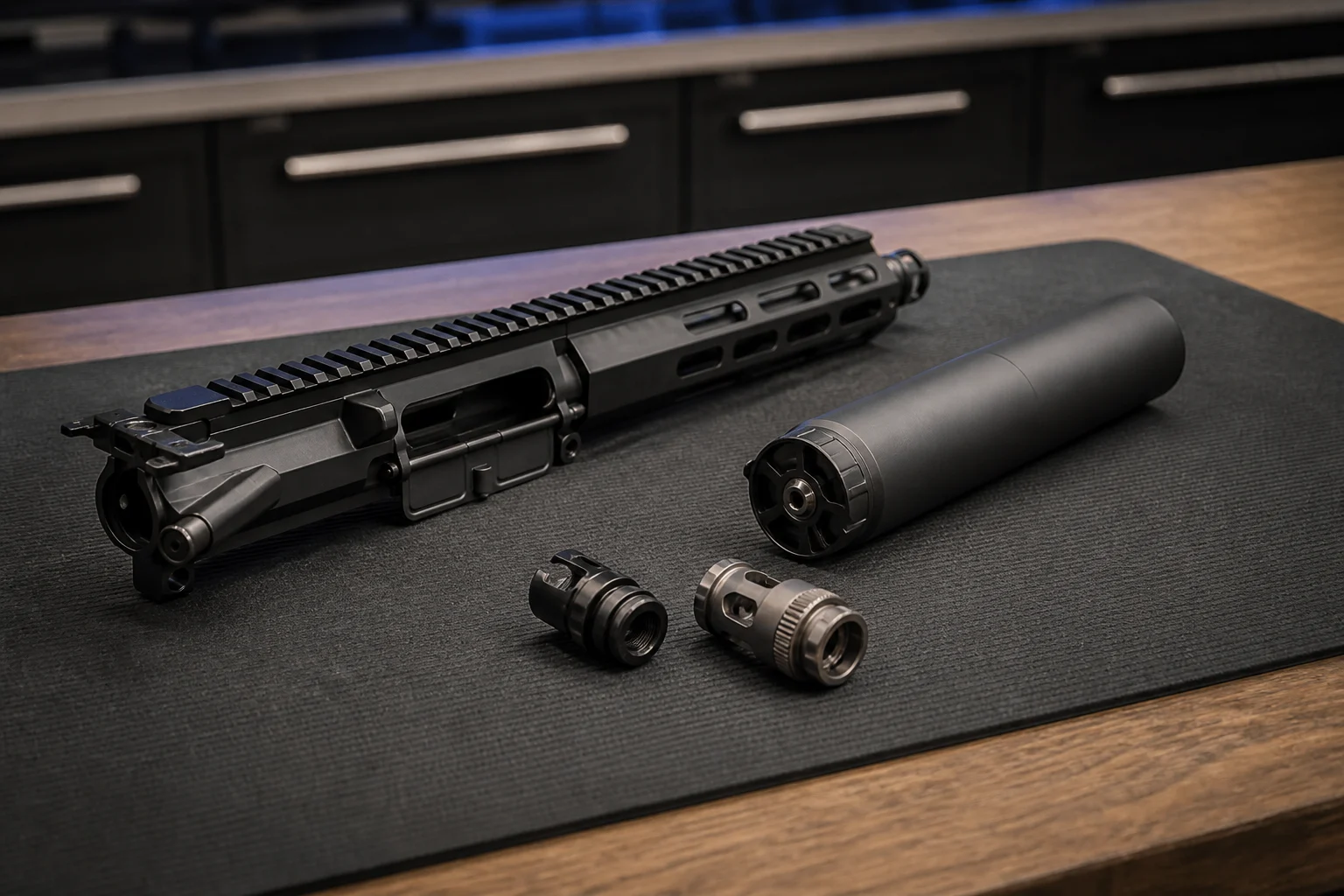 Suppressor, unloaded rifle upper, and mounting components arranged for compatibility consultation