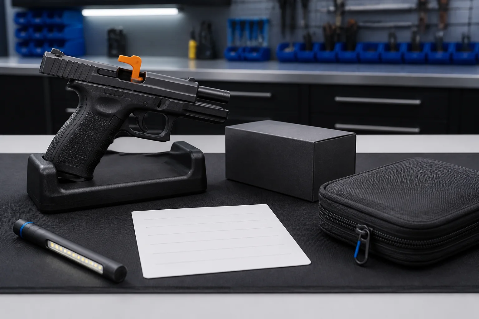 Unloaded handgun with open action beside a sealed component box, inspection light, and blank intake card